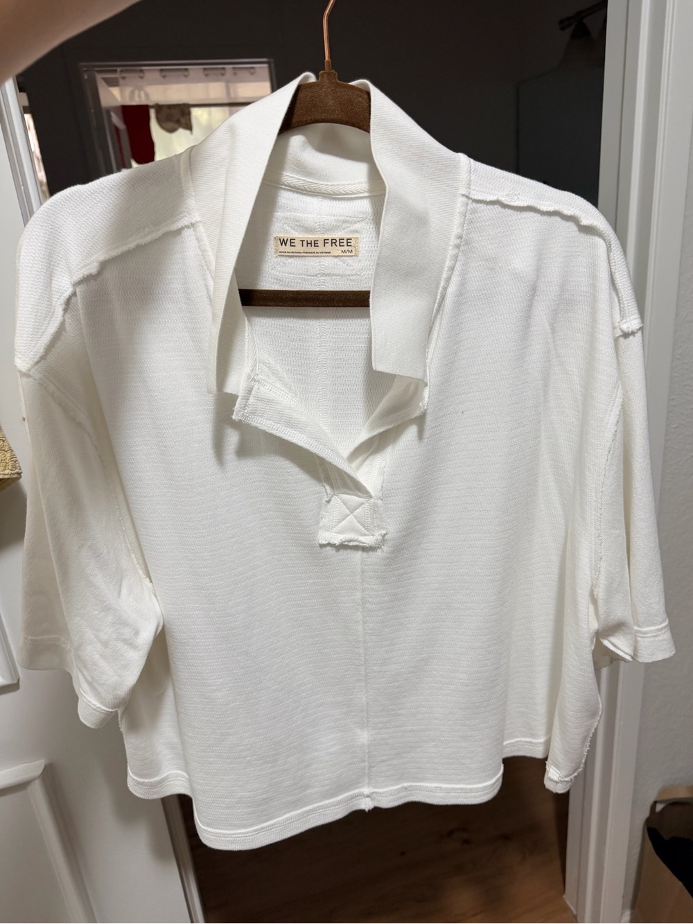 We The Free Cream Open V-Neck Cropped Polo Tee